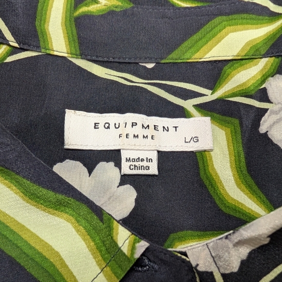 Equipment Dress Womens L Black Green Floral Brett Silk Shirtdress Botanical Chic - Picture 3 of 5